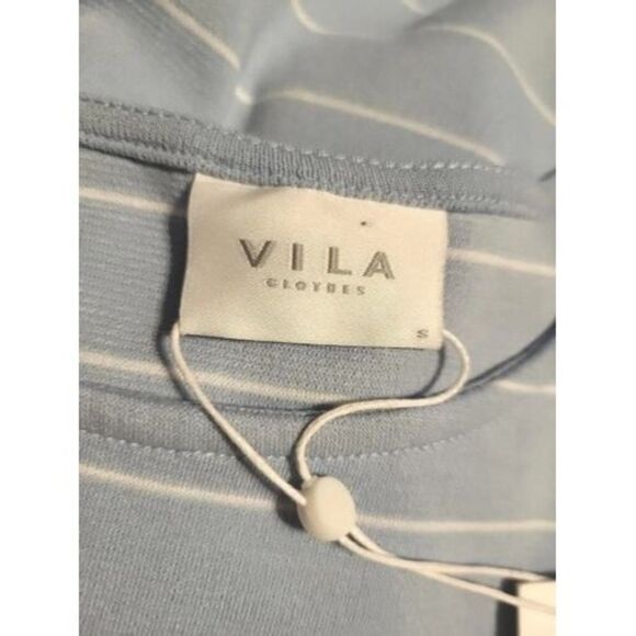 Vila Celestial Blue Ruffled Striped Knee Length Dress Size S New - Picture 3 of 11